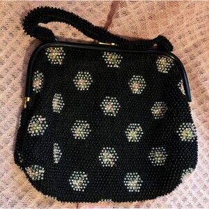 Corde-Bead Vintage Black Lumured Beaded Purse Handbag with Floral Bursts